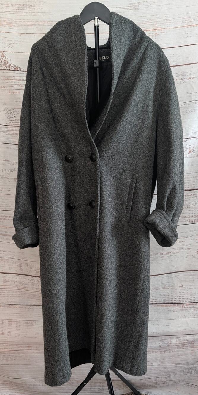 VTG Jofeld Wool Coat Womens Grey de Ball Velvet Collar Maxi Trench Made in USA